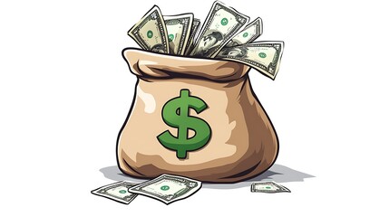 A cartoon illustration of a brown money bag with a green dollar sign on it, with dollar bills overflowing from the top.