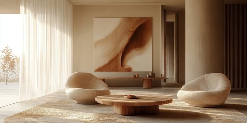 Minimalist interior, warm beige tones, abstract art, curved armchairs, round wooden coffee tables, textured rug, natural light, sheer curtains, earthy palette, organic shapes, zen atmosphere, modern l