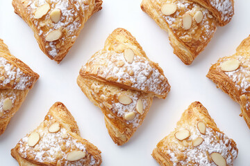 Close-up of freshly baked almond croissants stacked together on white mackground