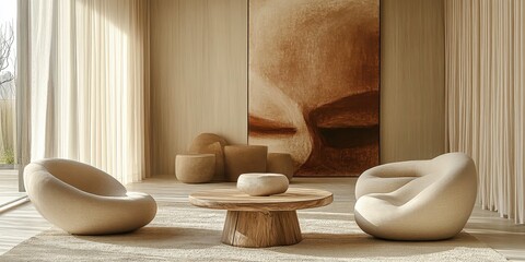 Minimalist interior, warm beige tones, abstract art, curved armchairs, round wooden coffee tables, textured rug, natural light, sheer curtains, earthy palette, organic shapes, zen atmosphere, modern l