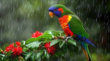 A colorful parrot is perched on a branch in the rain. The parrot is surrounded by green leaves and red flowers.