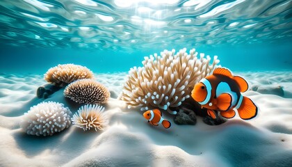 Wall Mural - Vibrant clownfish dancing among colorful anemones in a captivating underwater world