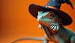 © Mr.Pancho Store - Photorealistic masterpiece iguana with Halloween witch's hat on the right side of a one-colored background looking at the camera, only the top of the body, detailed