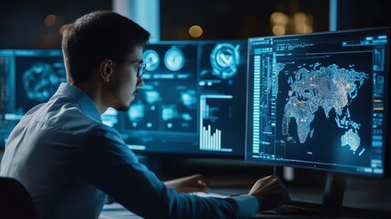 cybersecurity specialist: a focused programmer works diligently at his computer, analyzing data and 