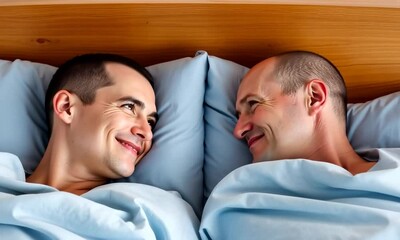 Canvas Print - Two partners share a tender morning as they relax in bed, exchanging warm smiles and affectionate glances. The atmosphere is filled with love and connection