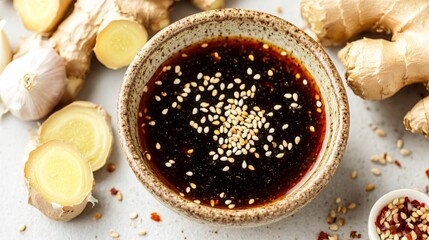 A tangy soy-ginger sauce in a small bowl surrounded by ginger slices, garlic cloves, and sesame seeds