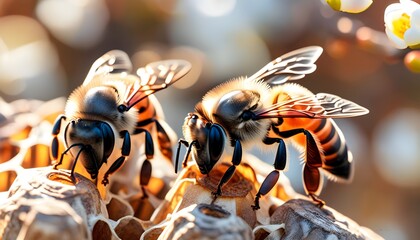 Wall Mural - Vibrant teamwork of honey bees constructing a honeycomb, showcasing natural collaboration and activity within the hive