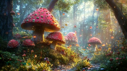 Mystical nature setting with giant mushrooms in enchanted forest. Mushrooms in fairy-tale setting