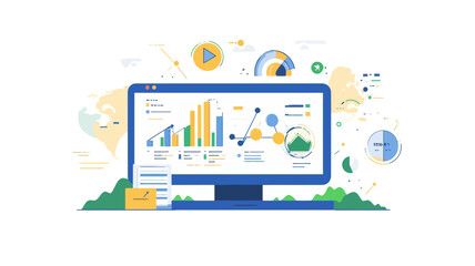 Flat Vector Illustration of Web Analytics Dashboard with Graphs and Charts for Website Statistics and Data Analysis Representation