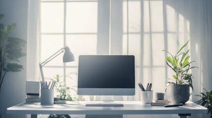 A computer desk with a monitor, keyboard, and mouse