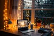 © spyrakot - Cozy Home Office with Laptop Displaying Holiday Tech Deals Decorated with Festive Lights