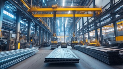 Canvas Print - Large steel manufacturing facility with overhead cranes moving metal beams during daytime operations