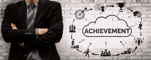 Achievement and Business Goal Success Concept - Creative business people with icon graphic interface showing employee reward giving for business success achievement. uds