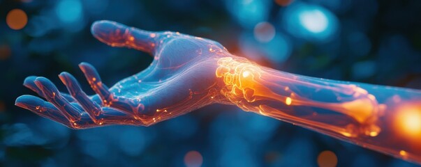 Wall Mural - close-up of a futuristic hand with illuminated glowing lines representing technology and innovation 