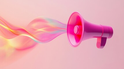 Wall Mural - Pink megaphone with colorful sound waves on a pastel background, modern communication concept