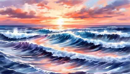 Wall Mural - Sunset Reflections on Gentle Waves: A Watercolor Tribute to Oceans Beauty