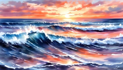 Wall Mural - Sunset Reflections on Gentle Waves: A Watercolor Tribute to Oceans Beauty