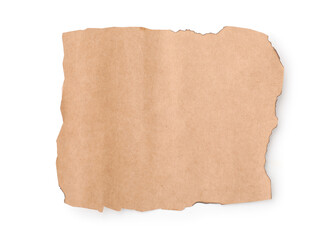 Sticker - Piece of old paper with dark burnt borders isolated on white, top view