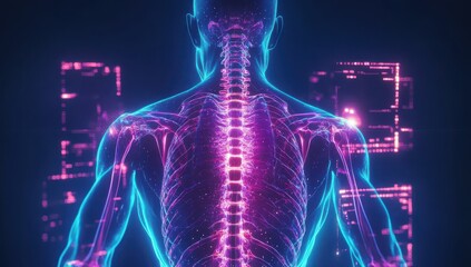 Digital rendering of a human body highlighting the spinal cord and nervous system in neon blue with a dark background