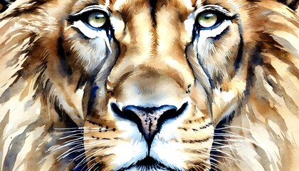 Poster - Closeup watercolor portrait of a lion highlighting piercing eyes and a noble expression