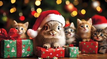 A cute rabbit in a Santa hat sitting among colorful presents and cheerful kittens wearing Santa hats, with vibrant Christmas trees and big-eyed people smiling in the background