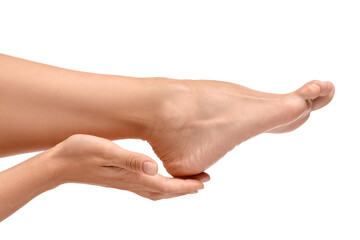 Canvas Print - Woman touching her smooth feet on white background, closeup