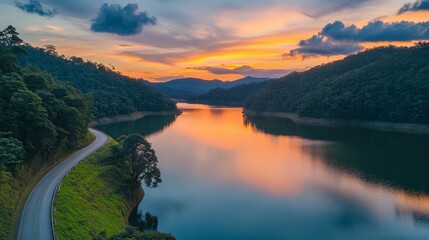 Wall Mural - Sunset over tranquil lake with forested hills