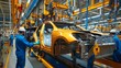 © fotofabrika - Assembly line workers manufacturing orange vehicles in a modern automotive factory during daylight