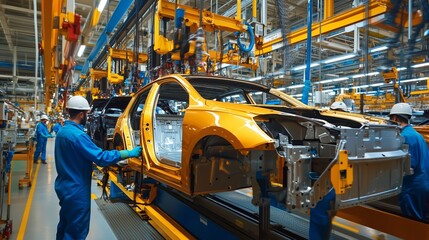 Poster - Assembly line workers manufacturing orange vehicles in a modern automotive factory during daylight