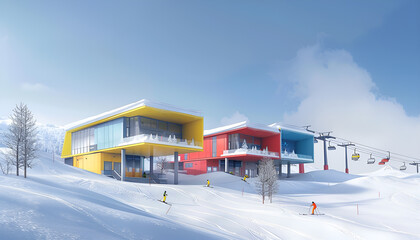 Modern ski school area with sleek design featuring colorful lift stations in a snowy landscape. Concept of winter sports, holiday recreation, mountain skiing