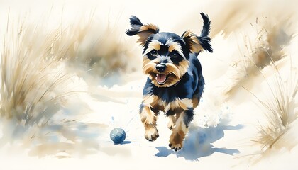 Wall Mural - Joyful dog brimming with excitement, eagerly awaiting fetch game with tail wagging in vibrant watercolor style