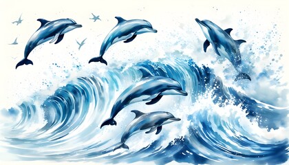 Wall Mural - Joyful dolphins leaping through vibrant ocean waves in a playful watercolor illustration