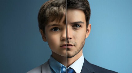 image split in half portrait of a confident caucasian young boy growing up into a man adult male per