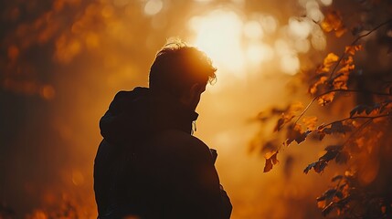 Wall Mural - silhouette of a man standing in a forest with the sun shining through the trees.