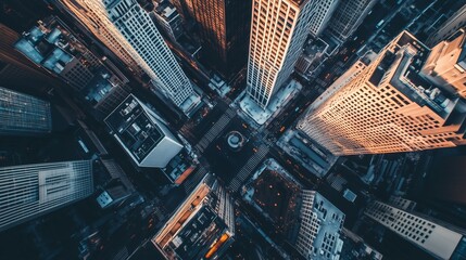 Aerial view of bustling urban intersection surrounded by skyscrapers during sunset in New York City