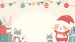 © Tonadech - A kawaii Christmas card featuring a cute rabbit in a Santa hat, colorful decorations, and cheerful kittens in Santa suits with a large blank space for writing holiday wishes