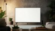 © Rauf - LED TV set on a table in a minimalist living room, featuring a blank screen, perfect for showcasing advertisements or content.