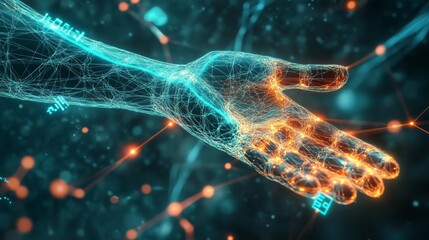 Fototapete - A luminous hand made of interconnected lines and nodes reaches out into a dark environment, illuminated by vibrant colors