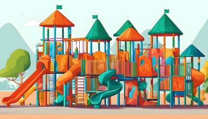 Wall Mural - Scenic mountain playground featuring slides, swings, and climbing equipment surrounded by trees and majestic peaks