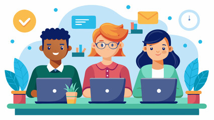 Wall Mural - Cartoon vector illustration of team with three people working in the office at the computers for online internet business or start up - men and women sitting at the desktop