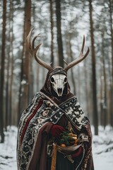 Wall Mural - Shaman in deer animal skull in cloak in snowy forest. Mystical occult ritual. Pagan Christmas, Winter solstice, New Year celebration. Scandinavian culture. Yule tradition.