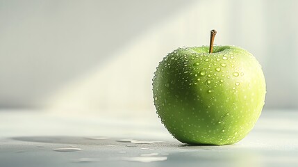 Wall Mural - Green apple with water droplets on a white background.