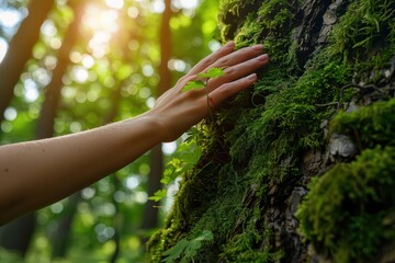 Close-up hand touching a moss-covered tree trunk in a forest