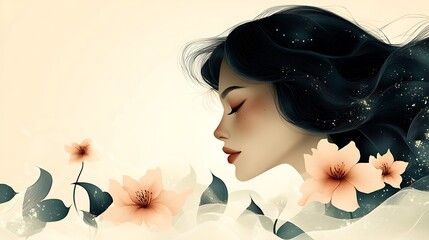 Canvas Print - Woman with Closed Eyes and Flowers, Watercolor Illustration