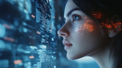 A woman focused on programming with holograms of AI code and digital software elements around her