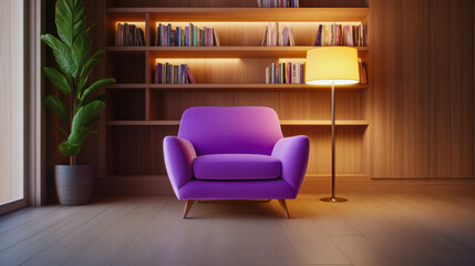 Wall Mural - A cozy purple chair set against wooden shelves filled with books in a well-lit corner of a modern living room