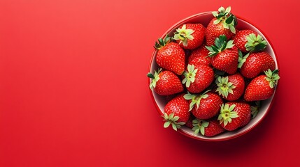 Wall Mural - Fresh strawberries in a red bowl on a red background.