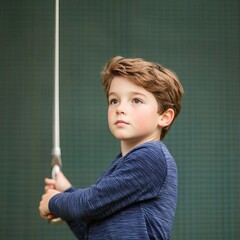 A young boy learning to swing, his eyes focused, capturing the beginnings of precision