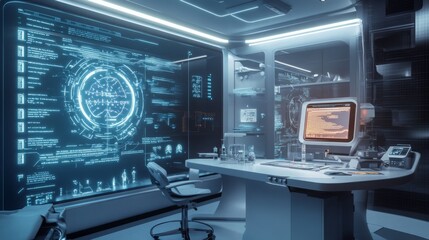 Aufkleber - An advanced laboratory workspace is illuminated by glowing blue digital interfaces and screens