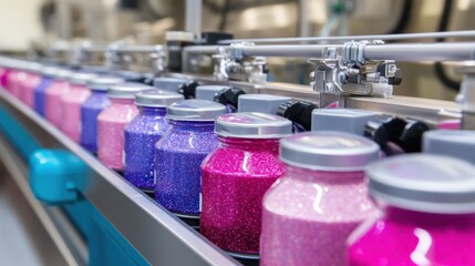 Wall Mural - A row of jars on a conveyor belt with colorful glitters, AI